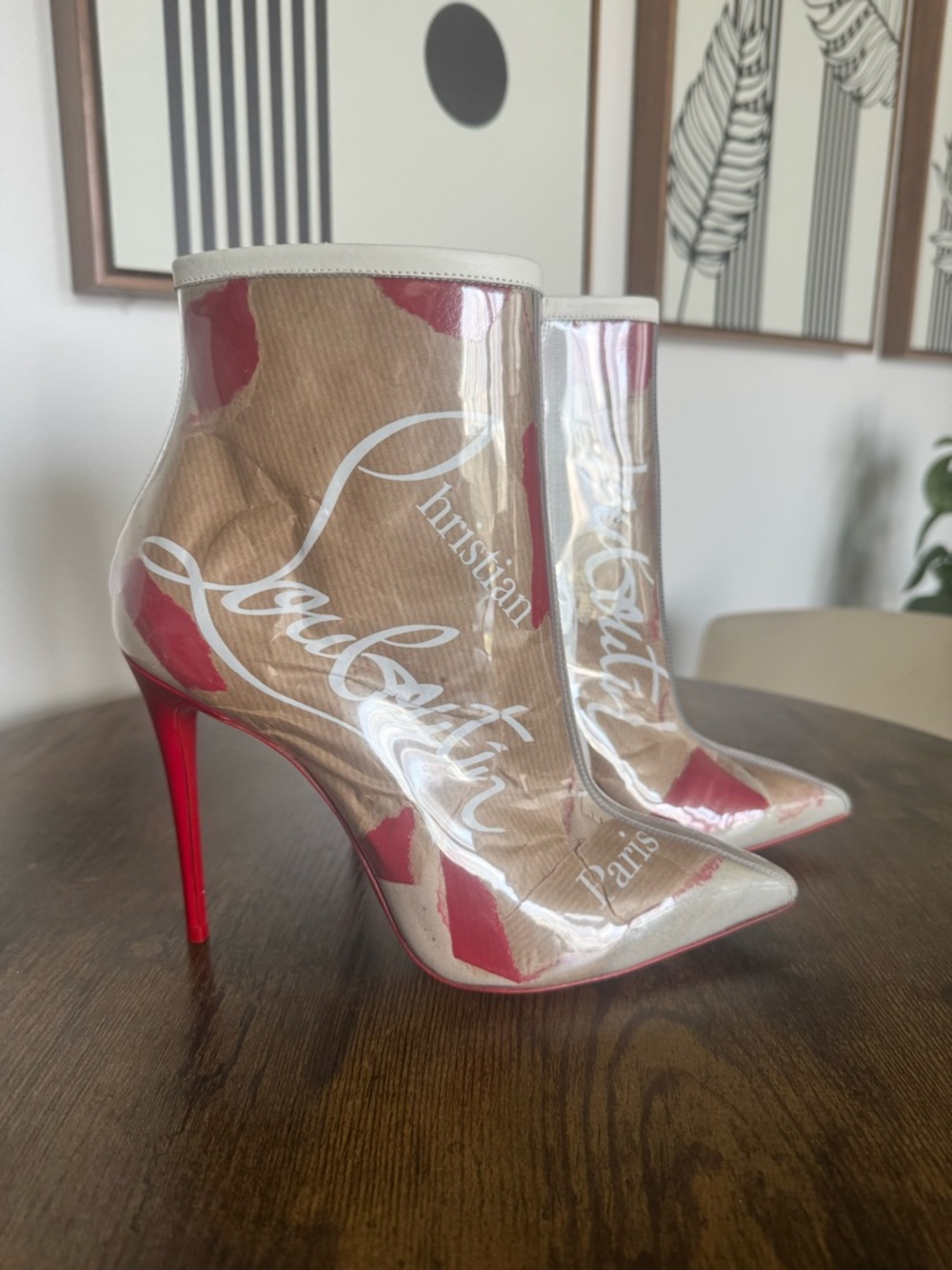 Christian Louboutin Clear Vinyl Ankle Boots with Red Patent Heels